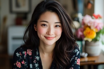 Smiling asian woman with long hair in a floral dress sits indoors, surrounded by colorful flowers, creating a warm, cheerful atmosphere.