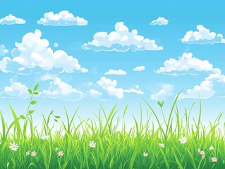 Wall Mural - 2408 41.a flat-style vector illustration of lush green grass under a bright blue sky dotted with flu