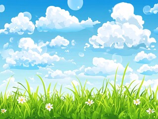 Wall Mural - 2408 41.a flat-style vector illustration of lush green grass under a bright blue sky dotted with flu
