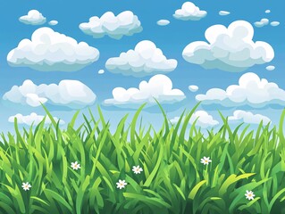 Wall Mural - 2408 41.a flat-style vector illustration of lush green grass under a bright blue sky dotted with flu