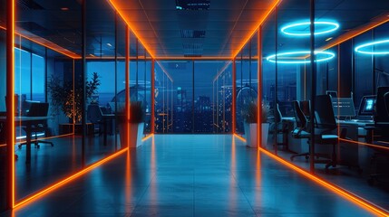 Poster - Dark futuristic office with blue neon lights and some orange flashes.