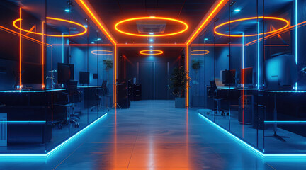 Dark futuristic office with blue neon lights and some orange flashes.