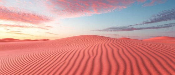 stunning view of pink sand dunes under a vibrant sky at sunset, showcasing nature's beauty and tranq