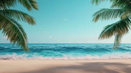 Tropical beach with palm trees and clear blue ocean, calming scenery for relaxation and escape.