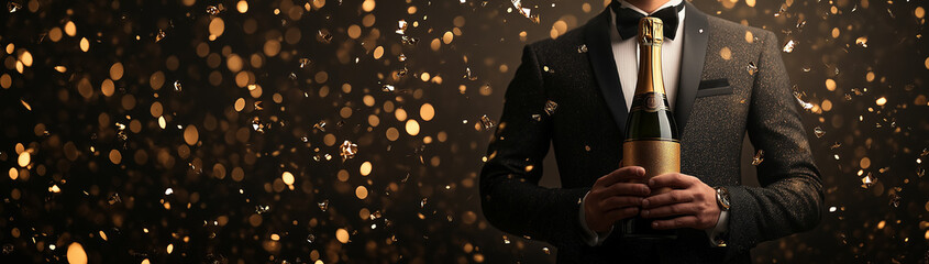 A man in a suit with a bottle of champagne in his hands on a black background with space for text, created with Generative AI technology