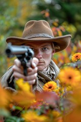 cowboy character aiming revolver with intense focus, surrounded by autumn foliage. action and natural setting convey classic western duel scene, conflict and survival