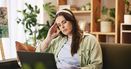 Poster - Thinking, tired and woman on sofa with laptop with stress for exam, test and assessment for university. Burnout, home and girl with worry, frustrated and problem for studying, education and learning