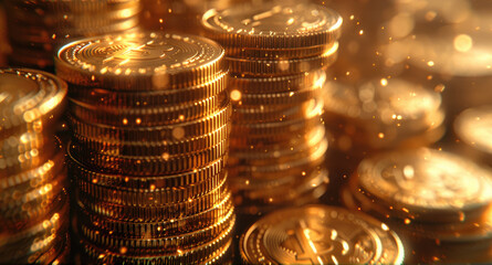 Poster - Stack of gold coins, symbolizing wealth, prosperity, and investment opportunities. .