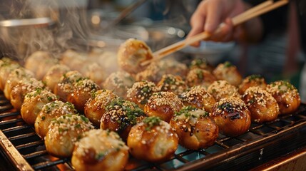 Poster - Delicious street food Japanese Takoyaki on open flame grill being cooked.