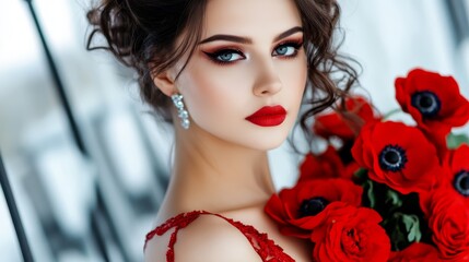  A woman holds a bouquet of red roses in her right hand and one red rose in her left