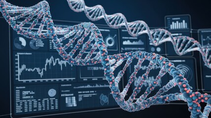 Futuristic digital visualization of DNA molecular structure genetic data and scientific information displayed on a high tech digital backdrop  Concept of advanced biotechnology genetic research