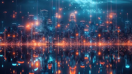 Poster - Futuristic cityscape with glowing holographic data connections and digital technology elements on a dark background. Night view of a modern metropolis.