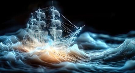 Poster - A subsurface laser engraving of a ship sailing through a glassy wave, with fine details of the ship rigging and sails illuminated from within. The dark, black background.