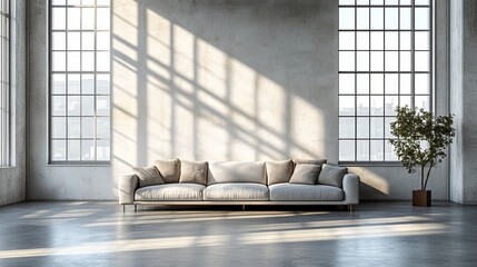 A modern industrial loft with a three-dimensional rendered sofa in front of large floor-to-ceiling windows, sunlight casting shadows on the concrete floor, minimalist design