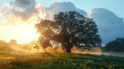 Poster - Sunrise Over a Field with a Majestic Oak Tree