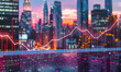 © Bartek - Vibrant Cityscape with Trading Financial Chart and Stock Market Data Overlay, Twilight Financial District, Economic Growth, Investment Concept
