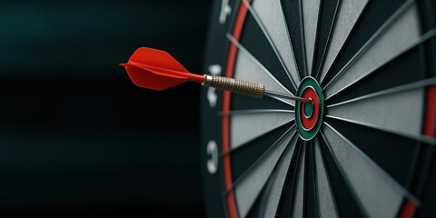 Red dart hitting bullseye on black and white dartboard with precision focus