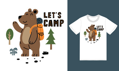 cute bear camping illustration with tshirt design premium vector