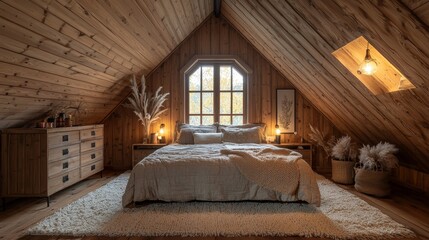 Cozy attic bedroom with sloped ceilings, wooden furniture, and soft, warm lighting, [Furniture], [Cozy attic]