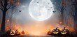 © Govindan maruthai - Happy Halloween party poster. Pumpkin in 3d illustration style. Frame, night clouds, Witch cauldron, spider web, flying ghost bat. Place for text. Brochure layout template background, night background
