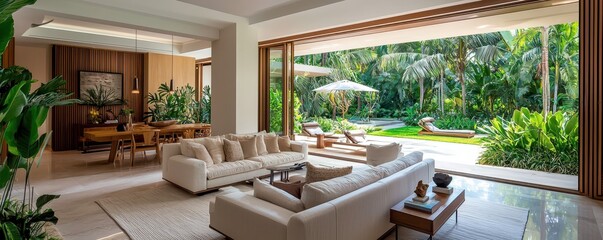 Elegant designer space featuring seamless transition from luxurious interior to serene garden oasis.