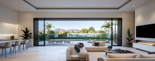 Elegant designer space featuring seamless transition from luxurious interior to serene garden oasis.