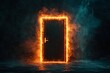 © grey - An office door with glowing edges, floating in a dark void, with abstract light pouring out from behind it.