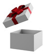 © hitdelight - White gift box with red ribbon isolated on empty background. Christmas present for holiday sale shop design element.