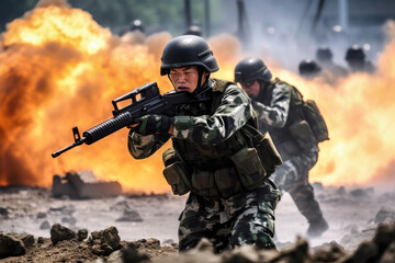 Chinese soldiers engaged in a military exercise amidst explosions, demonstrating tactical operations and combat readiness in a training area