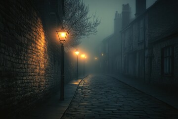 Wall Mural - A foggy street illuminated by vintage lamps, creating a mysterious atmosphere.