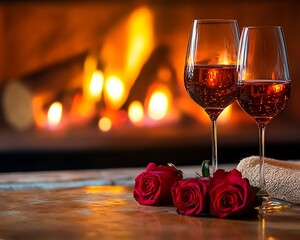 romantic setup by a fireplace with wine glasses and roses, placed on a warm, glowing background, rea