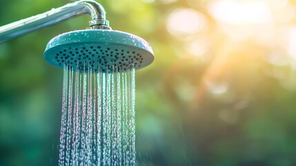 A showerhead spraying cool, refreshing water in a modern bathroom