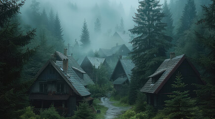 Wall Mural - A village in a dense, foggy, gloomy evergreen forest. rainy. verdant arboreal background.