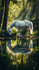 A pure white unicorn standing beside a shimmering crystal-clear pond in an enchanted forest