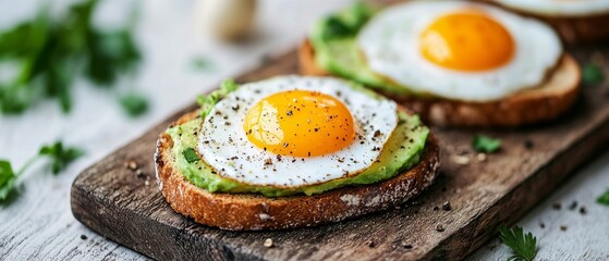 A hearty breakfast featuring slices of toasted bread layered with creamy avocado and perfectly cooked sunny-side-up eggs, garnished with pepper and herbs