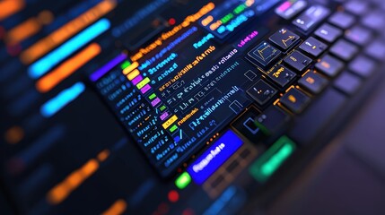 Futuristic Neon Keyboard with Colorful Interface and Code   Modern Technology Background