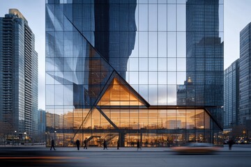 A sleek modern office building with a glass facade and geometric architectural design.