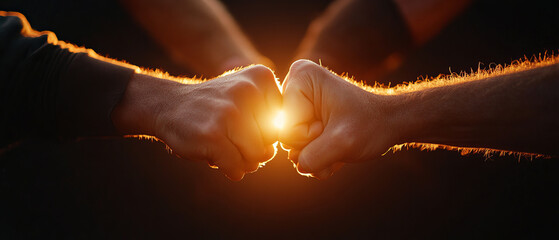 fists bumping together create powerful moment of connection and camaraderie, illuminated by warm glo