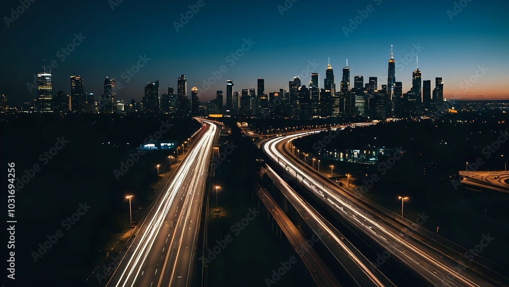 Urban highway with vehicle light trails at night facing skyscrapers ...