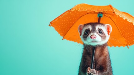 Canvas Print - A ferret holding a small orange umbrella against a teal background, evoking playfulness.