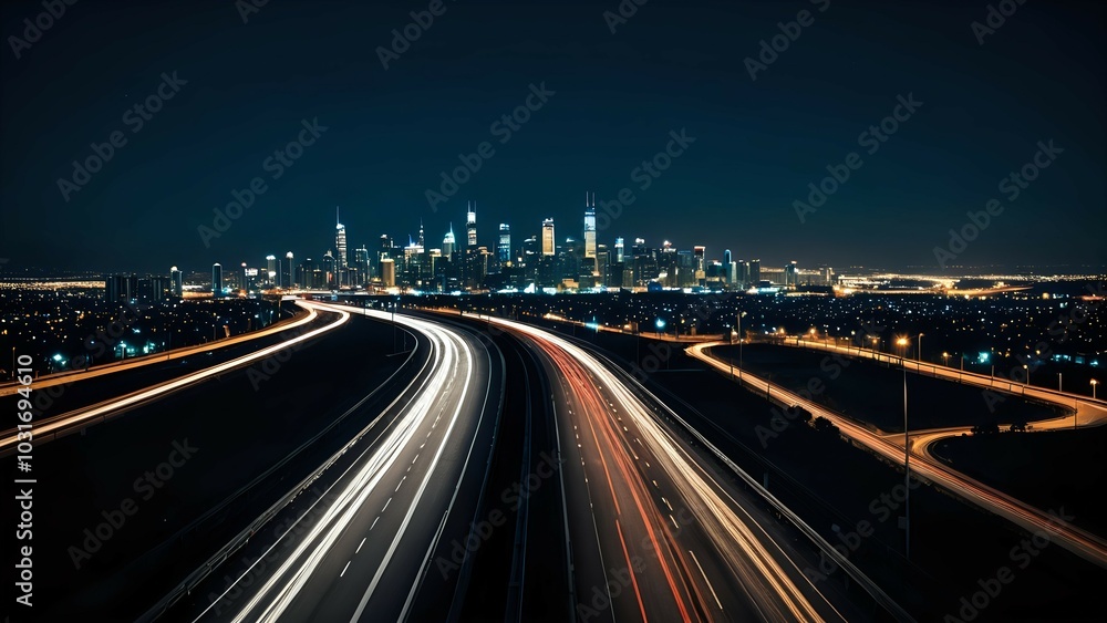 Urban highway with vehicle light trails at night facing skyscrapers ...