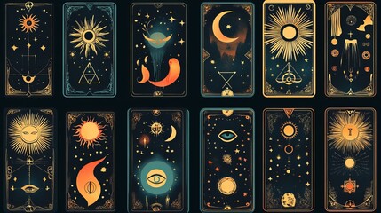 A set of tarot cards featuring a magical and mystical deck design with arcanas. This collection includes sacred esoteric symbols, occult celestial signs