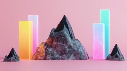 Wall Mural - Abstract Minimalist 3D Render of Black Mountains and Neon Lights on Pink Background