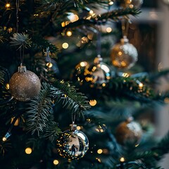 Wall Mural - Christmas Tree With Baubles And Blurred Shiny Lights, Christmas Background, New Year's eve