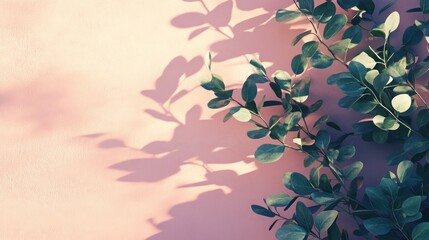 Wall Mural - A serene composition of green leaves casting shadows on a soft pink wall.