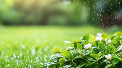 A close-up of lush green plants with raindrops on leaves in a garden.