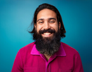 Wall Mural - Headshot Portrait of a Smiling Man with Contemporary Style, Isolated on Color Background with Ample Copy Space