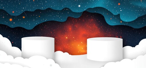 Wall Mural - a cosmic landscape featuring two cylindrical forms amidst clouds and a starry background.