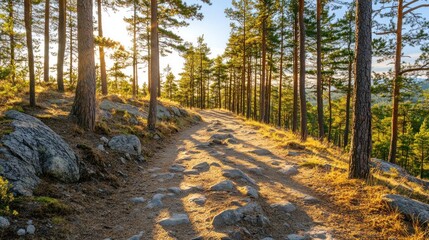 A serene forest path illuminated by sunlight, inviting exploration and tranquility.