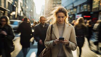a businesswoman rushing through a crowded city street, looking at their phone, disconnected from the